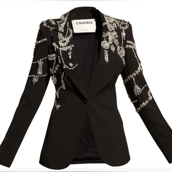 L’AGENCE Clementine Crystal Rhinestone Embellished Peak Lapel Blazer Black - Picture 4 of 16